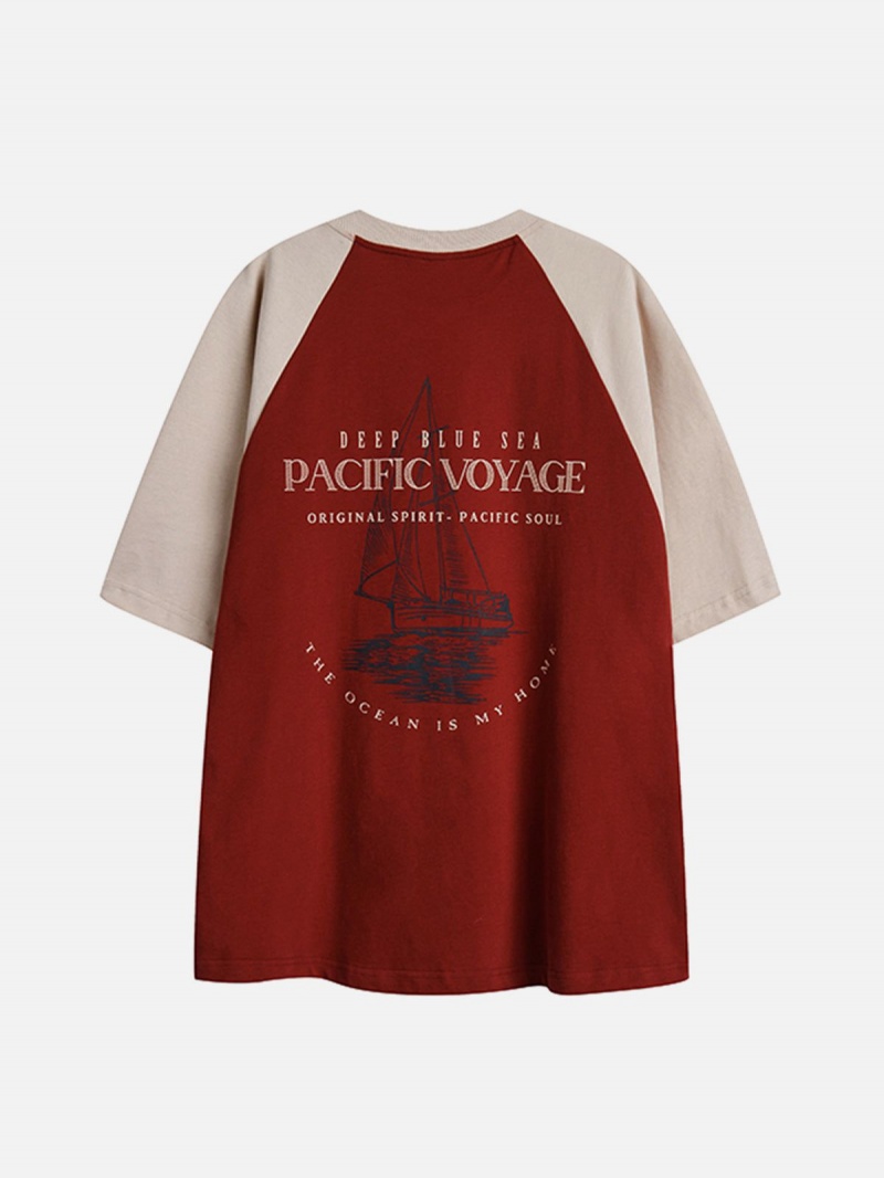 T Shirts Aelfric Eden Pacific Voyage Print Raglan Tee Rouge | RSR-20093834